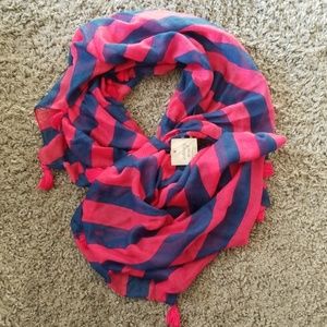 Pink and blue striped infinity scarf with tassels